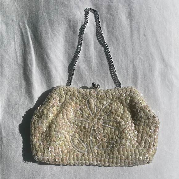 Vintage Handbags - Vintage Cream Sequin Purse with Beaded Flower Motif